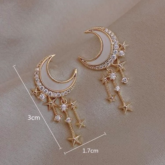 Restock- Rhinestone Moon and Star Decor Drop Earrings - Picture 2 of 3